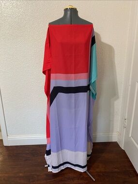 Color-Block Maxi Dress — Red, Lavender & Teal